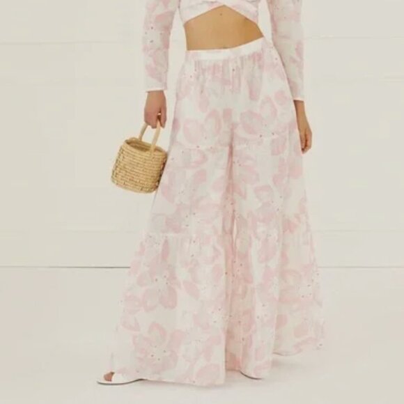 Something Navy Pink Floral Linen Cotton Blend Tiered Wide Leg Pants Size Medium - Picture 1 of 12